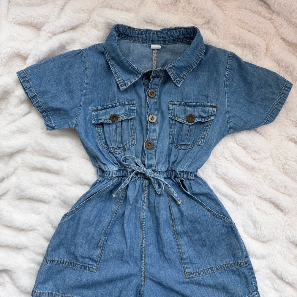 Blue Denim Jumpsuit with Drawstring Waist and Short Sleeves